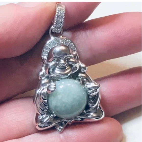 Sterling Silver Genuine Green Jade Smiling Buddha Pendant - Picture 13 of 14